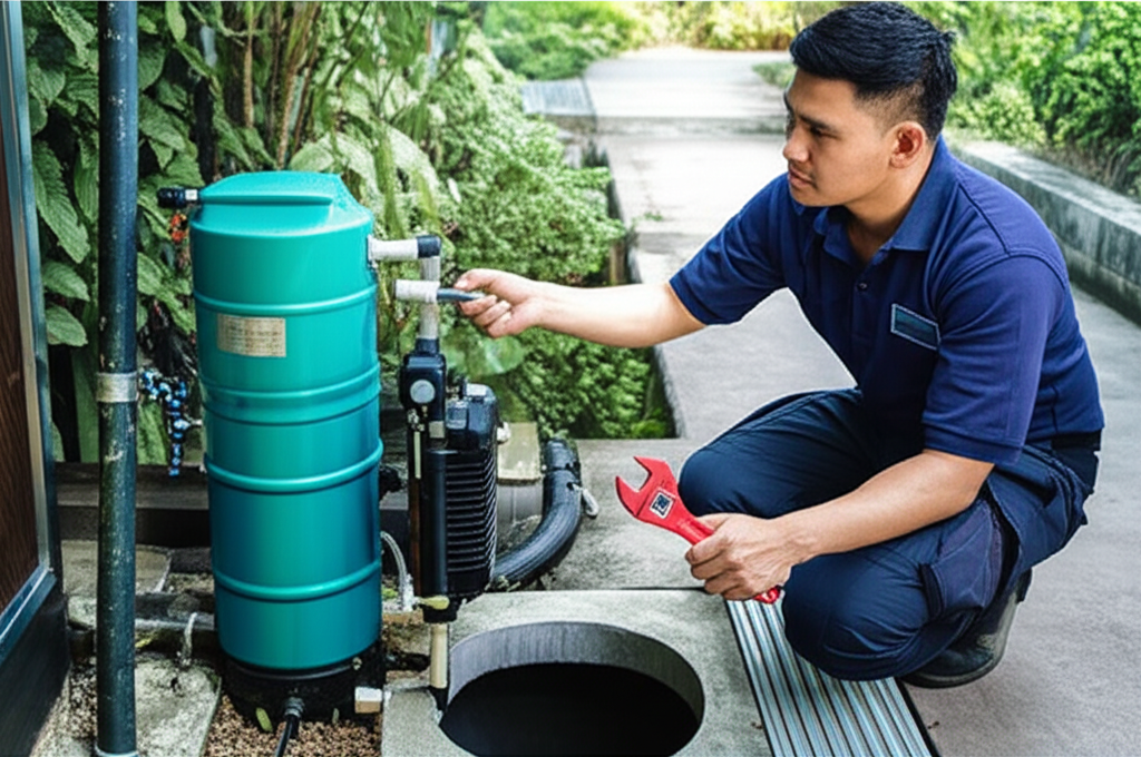 Teknisi Puretirta sedang memperbaiki pompa air di Yogyakarta